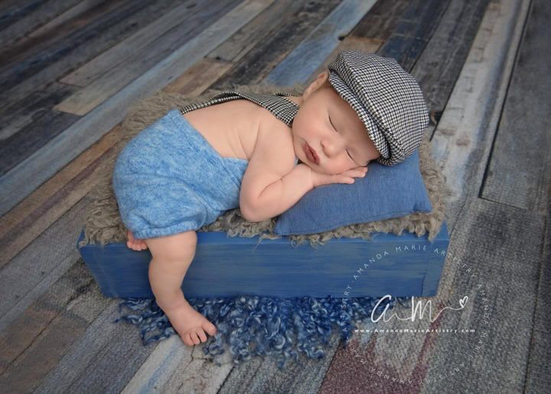 Newborn Boy Romper and Hat Props Baby Boy Photo Outfit Denim Blue