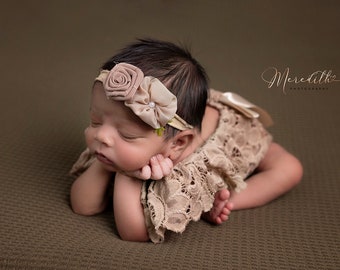 Newborn girl photo outfit in cream or pink lace romper and headband. Newborn photography
