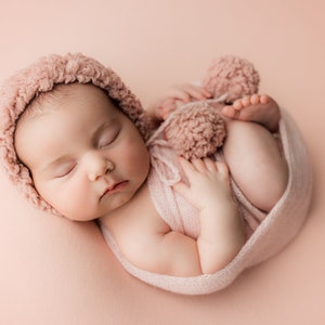Knit wrap and furry bonnet newborn swaddle and Pom Pom hat knit photo props Newborn photography knit wrap set