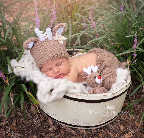 Newborn reindeer outfit photo props reindeer outfit baby knit deer set, stuffed plush reindeer knit antlers photo outfit