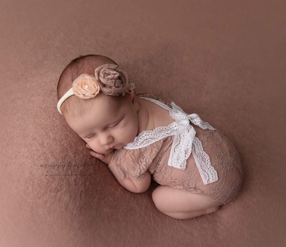 Newborn girl lace romper set, baby girl photo outfit, mocha ivory mint lace photo outfit, baby girl open back romper newborn photo props