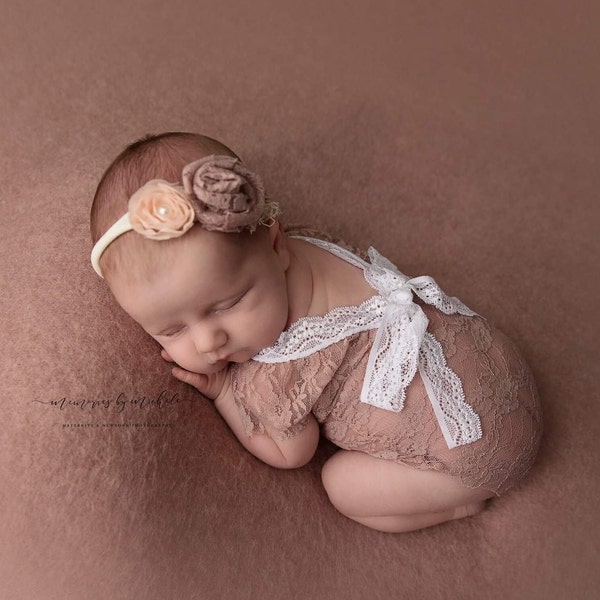 Newborn girl lace romper set, baby girl photo outfit, mocha ivory mint lace photo outfit, baby girl open back romper newborn photo props