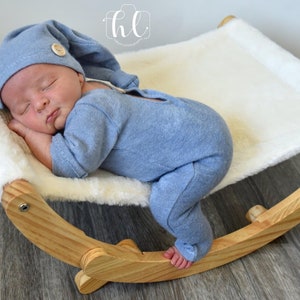 Newborn boy photo outfit, Romper Baby boy photo overall, Romper and hat photo props, baby boy photography props, knot hat gray blue green image 2