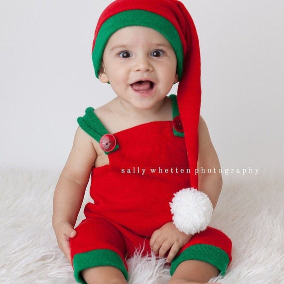 Sitter boy elf outfit 6-12 months red and green romper and hat Christmas photo props Holiday photography.  Ready to ship.