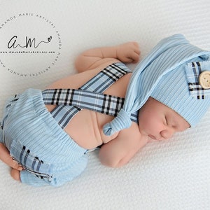 Newborn boy photo outfit newborn photography pants set with suspenders and hat, infant photo shoot, newborn props two piece ready to ship! Blue