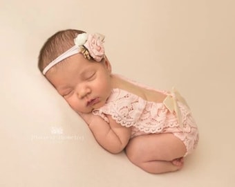 Newborn girl photo outfit in dusty rose, cream or beige lace romper and headband. Newborn photography