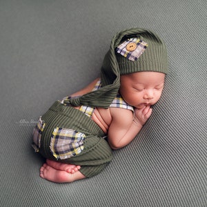 Newborn boy photo outfit newborn photography  pants set with suspenders and hat, infant photo shoot, newborn props two piece ready to ship!