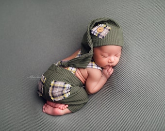 Newborn boy photo outfit newborn photography  pants set with suspenders and hat, infant photo shoot, newborn props two piece ready to ship!