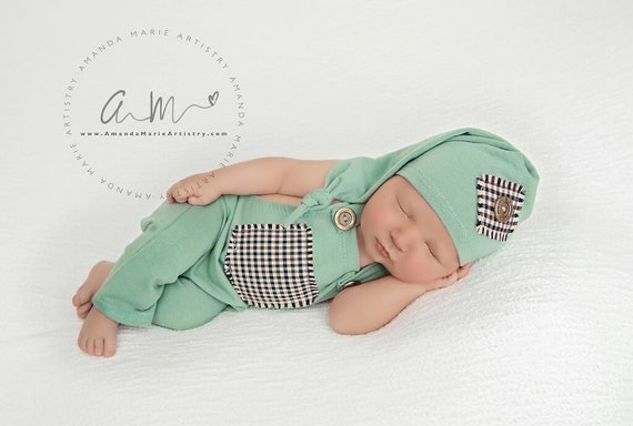 Newborn boy photo props, baby boy photography, beige gray romper, newborn photo outfit, boy romper and hat, neutral colors, OlgaBabyProps