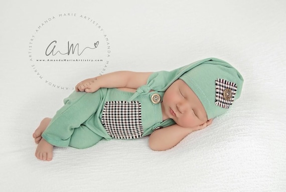Newborn photo props, baby boy photography, beige gray sage romper, newborn photo outfit, boy romper and hat, neutral colors, OlgaBabyProps