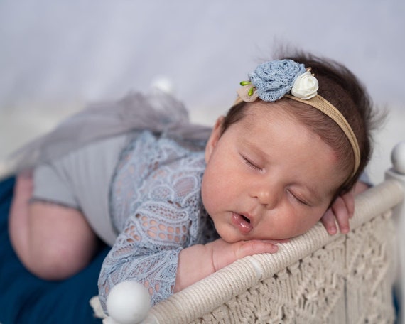 Baby girl grayish blue lace outfit baby Easter photo props newborn romper newborn photography photo outfit first photo shoot