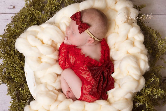 Newborn girl photo outfit lace romper photo props  romper set, girl newborn Christmas photography red lace overall baby girl open back