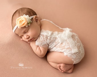 Newborn lace romper prop girl white baby girl  photo outfit baby girl open back romper and headband props baby photography