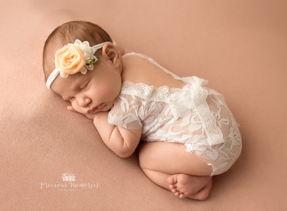 Newborn lace romper prop girl white baby girl  photo outfit baby girl open back romper and headband props baby photography