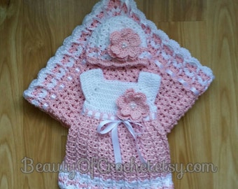 Baby girl dress blanket and hat pattern newborn girl crochet clothes.   Digital pattern.