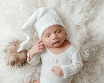 Newborn boy photo outfit,newborn boy photography,romper and hat, baby boy photo props,baby boy photo outfit,boy overalls add Pom Pom
