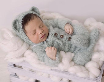 Footed knitted pajama set, Sleeper photo Outfit footed overall romper Newborn bonnet, Photo Props, mohair bear pajamas, footed romper,