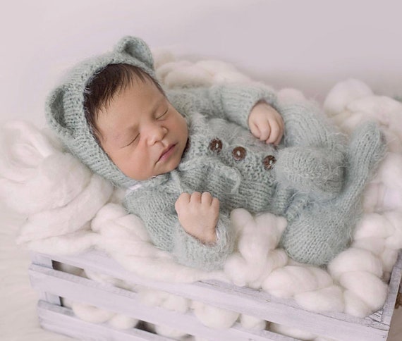 Footed knitted pajama set, Sleeper photo Outfit footed overall romper Newborn bonnet, Photo Props, mohair bear pajamas, footed romper,