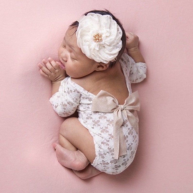 Newborn girl lace romper set, newborn girl cream photo outfit baby girl open back long sleeve romper props newborn photography prop image 6