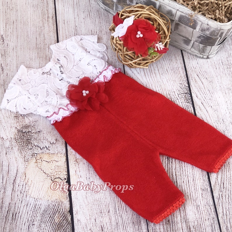 Christmas photo outfit cream white red photo outfit baby girl open back short sleeve romper Newborn girl Christmas props lace romper set