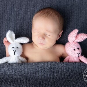 Może przedstawiać: Śpiące dziecko z białą i r&oacute;żową pluszową zabawką w kształcie kr&oacute;lika po obu stronach. Dziecko leży na szarym dzianym kocu.