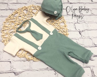 Newborn boy outfit 3 piece baby boy overall with suspenders, necktie and hat baby boy photo outfit newborn photography prop ready to ship!