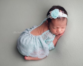 Photo outfit Baby Girl lace romper set, newborn girl White Mint Photo outfit low back long sleeve Romper Newborn Photography