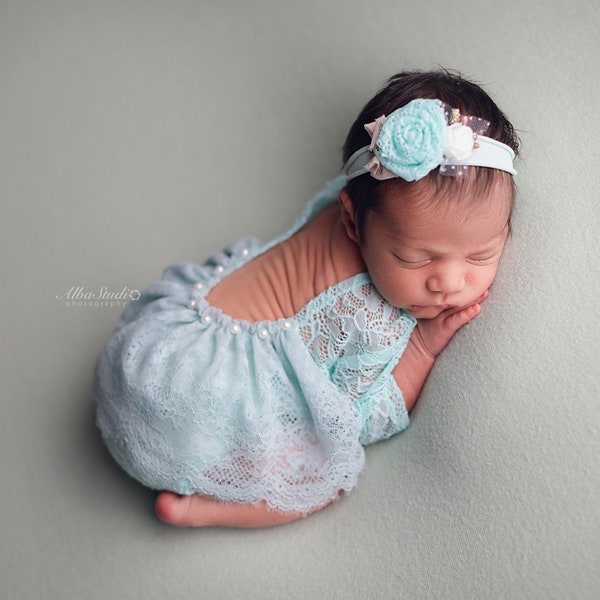 Photo outfit Baby Girl lace romper set, newborn girl White Mint Photo outfit low back long sleeve Romper Newborn Photography