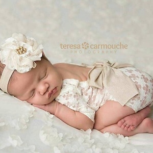 Newborn girl lace romper set, newborn girl cream photo outfit baby girl open back long sleeve romper props newborn photography prop image 1