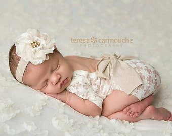 Newborn girl lace romper set, newborn girl cream photo outfit baby girl open back long sleeve  romper props newborn photography prop