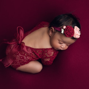 Newborn Girl Lace Romper Set, Cream Baby Photo Outfit, Floral Headband Baby portrait, first photography Cherry red