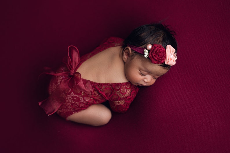 Newborn Girl Lace Romper Set, Cream Baby Photo Outfit, Floral Headband Baby portrait, first photography Cherry red