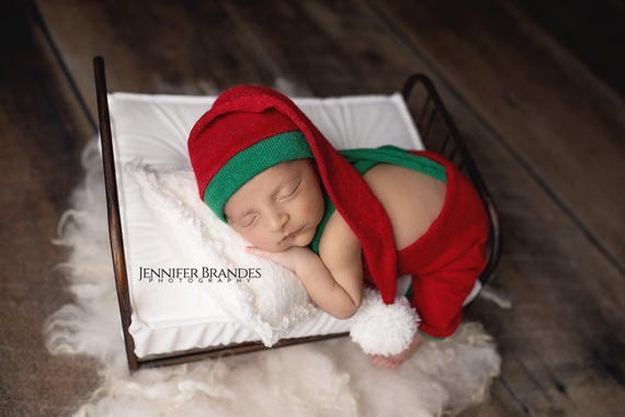 Newborn Elf Outfit: Red and Green Holiday Romper and Hat