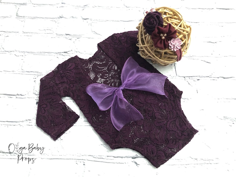Newborn Girl Lace Romper Set, Cream Baby Photo Outfit, Floral Headband Baby portrait, first photography Eggplant