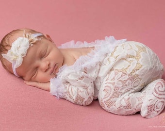 Newborn girl photo outfit lace footed romper photo props romper set, newborn lace pajama baby girl open back long sleeve neutral props