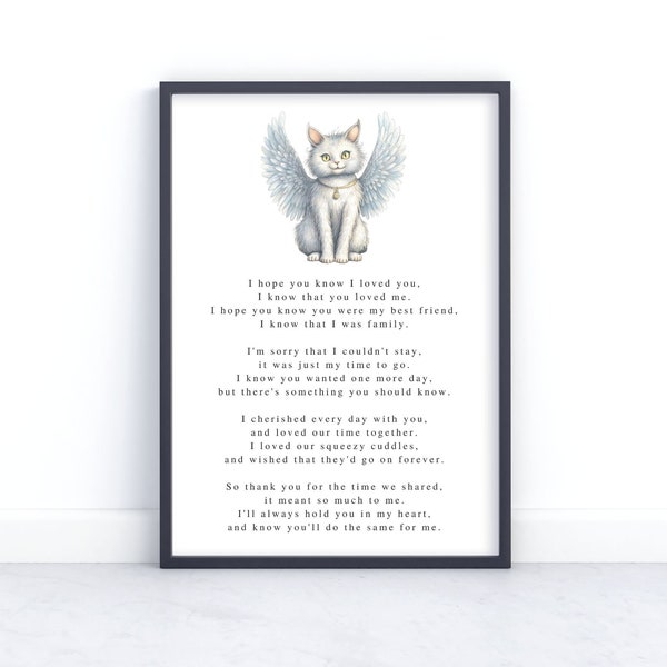 Pet loss gifts for grieving cat owner White cat memorial poem Printable instant download