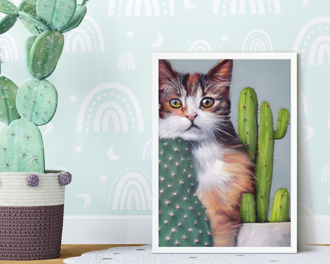 Cat and Cactus Art Print Gift for Cactus Lover Plant Themed Etsy