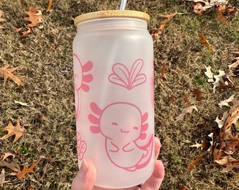 Pink Axolotl Frosted Glass Can Cup: Bamboo Lid & Glass Straw
