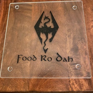 Food Ro Dah Skyrim Glass Cutting Board 7.75 inch Square Customizable