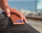 Tobacco Brown Money clip leather wallet with brown Suede Lining. Made in USA bifold wallet The Madison.