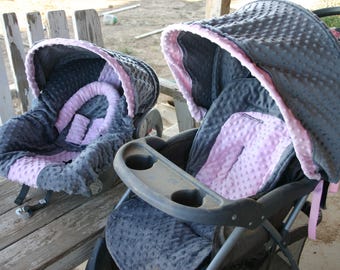 READY TO SHIP Carseatstroller Not Incudedsnow Leopard W Baby Pink Minky Car Seat Cover And Hood Matching Stroller Cushion