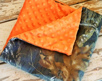baby blanket 20x20 realtree or mossy oak Camo and orange minky