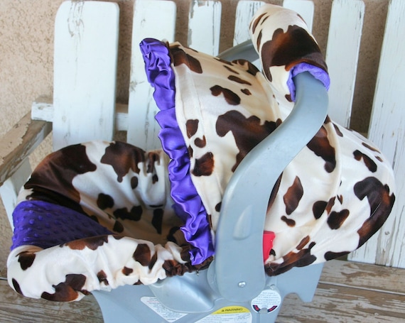 Car seat hood cover cow and purple minky and purple satin ruffle base cover Car seat hood cover cow and purple minky and purple satin ruffle base cover