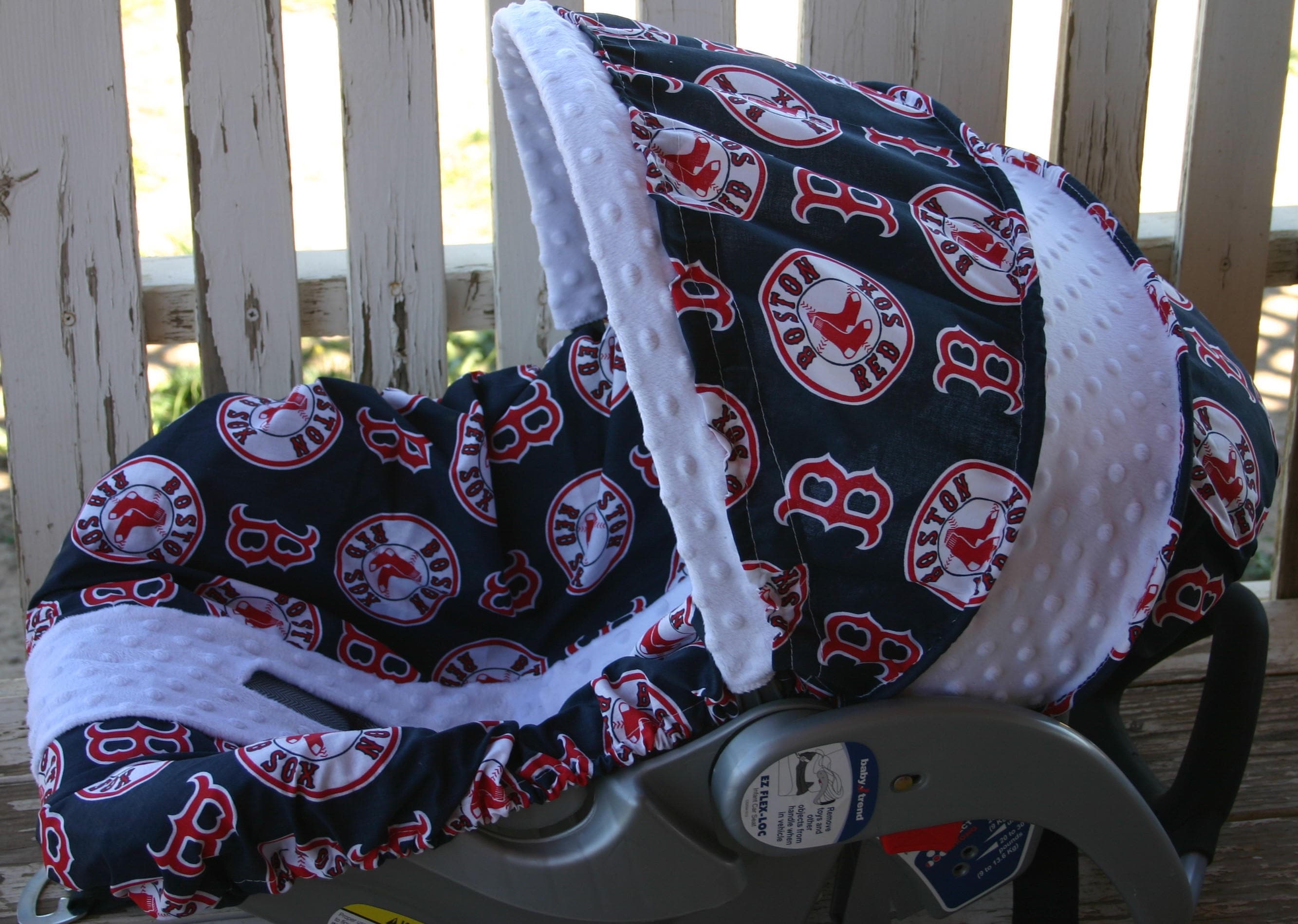 Boston Red Sox And White Minky Infant Car Seat Cover Hood With Optional Hedsupport Strap Covers Blanket