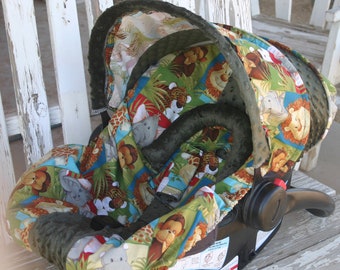 Zoo animals and brown minky infant car seat cover and hood cover head pillow headrest strap covers handle cushion