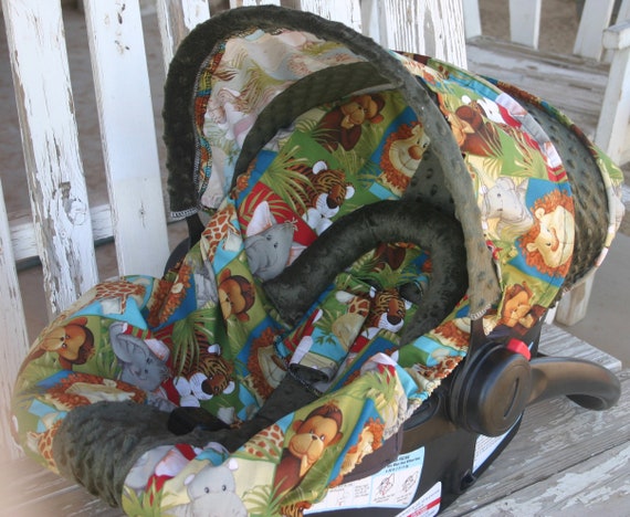 Zoo Animals And Brown Minky Infant Car Seat Cover Hood Brown Minky Infant Car Seat Cover, Brown Car Seat Strap Cover