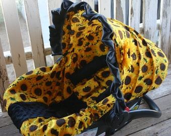 baby car seat cover and hood cover sunflowers and black Minky with black satin ruffle head pillow headrest strap covers handle cushion