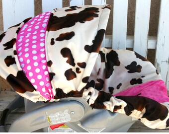 baby Car seat cover and hood cover Brown and tan cow print pink white polks dot pink minky head pillow headrest strap covers handle cushion