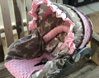 infant/toddler seat strap covers in realtree max 4 and orange minky 