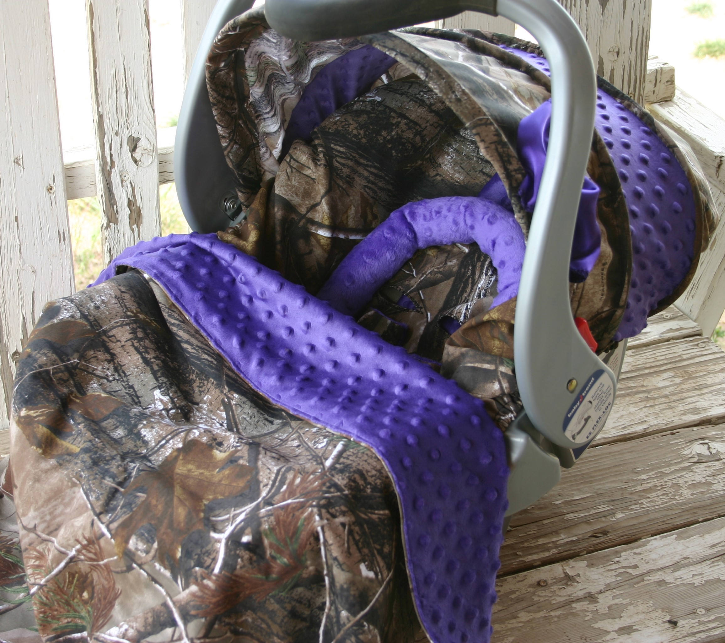 infant car seat cover and hood cover mossy oak with purple minky